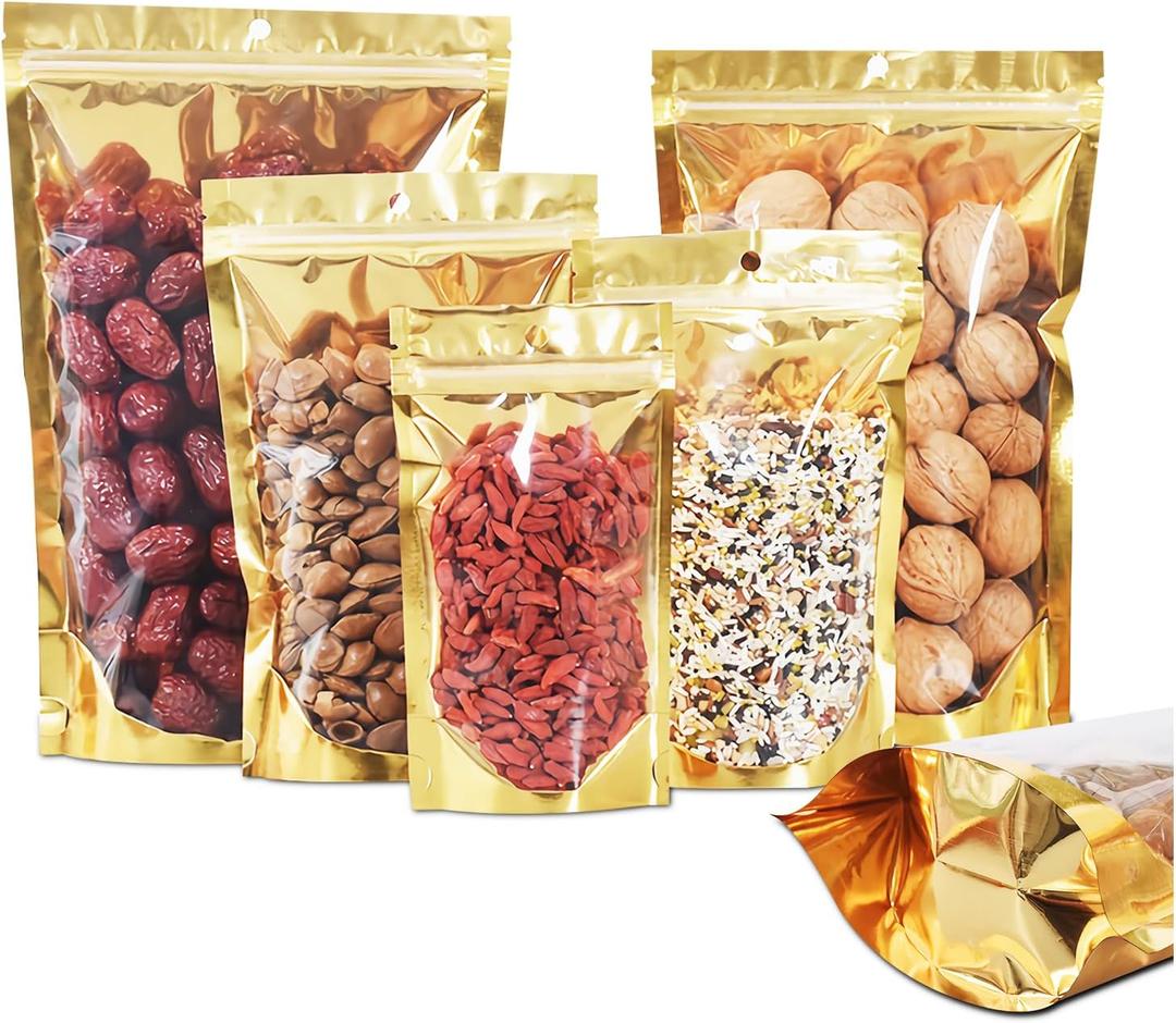 100 Pack Smell Proof Bags with Clear Front Window, 8x12+4 inch Resealable Stand Up Food Storage Bags Packaging Foil Mylar Pouches for Small Business, Foods, Party Favors (Gold)