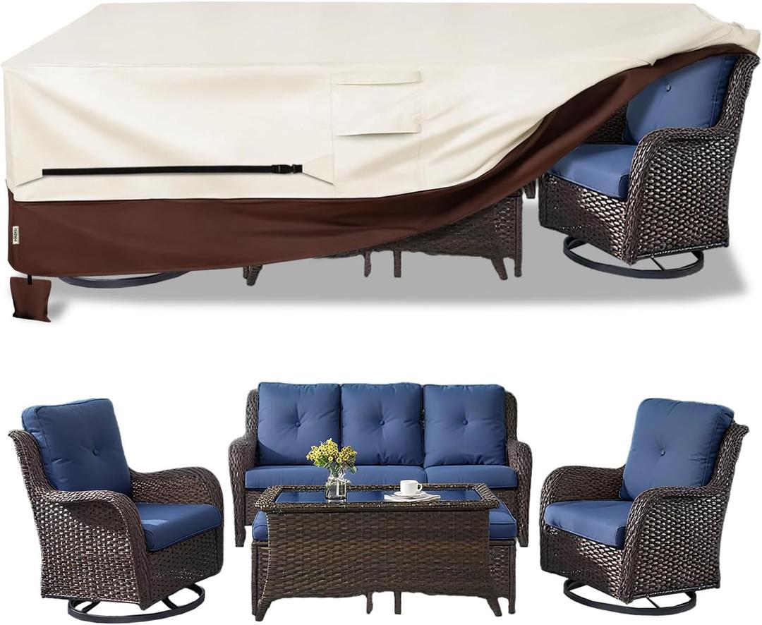 Patio Furniture Covers,Outdoor Furniture Cover Waterproof,600D Rectangular Patio Heavy Duty Table Cover,Outdoor Dining Table and Chair General Purpose Furniture Covers 111"L x 74"W x 28"H-Beige