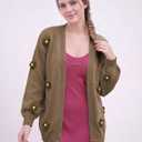 Women's Knit Cardigan 3D Floral Open Front Long Sleeve Fall Winter Crochet Outerwear Sweater Brown Large (L)