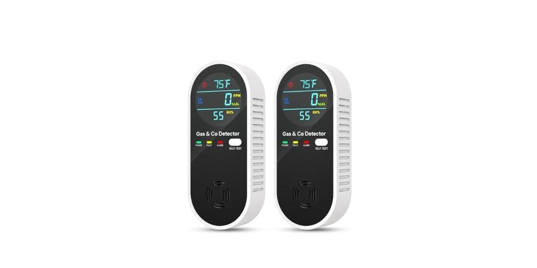4 in 1 Natural Gas Leak Detector and Carbon Monoxide Detectors with Natural, Propane, Co and Gas Leak Detectors - Install Carbon Monoxide Detectors - Temperature and Humidity Detectors for Home, RV (2 Pack )