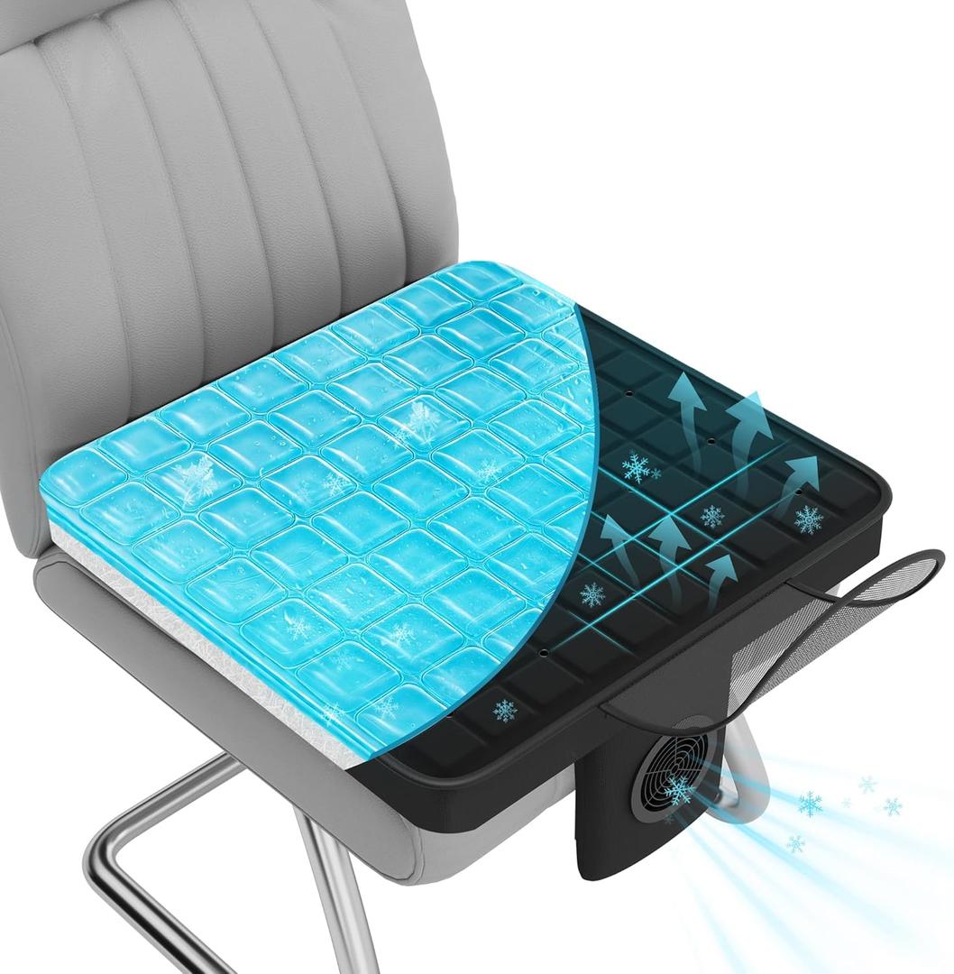 Cooling Gel Seat Cushion with 12V Power Fan, 4D Air Fiber Support Pad for Office Chair, Car Seat, Gaming, Wheelchair  3-Speed Turbo Airflow, Breathable & Non-Slip Design