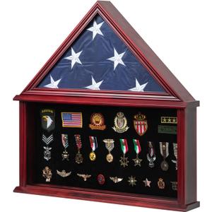Large Military Shadow Box Solid Wood Burial Flag Display Case for American Veteran Flag Display Fit a Folded 5'x9.5' Flag Military Flag Display Case with Certificate Holder, Mahogany Finish