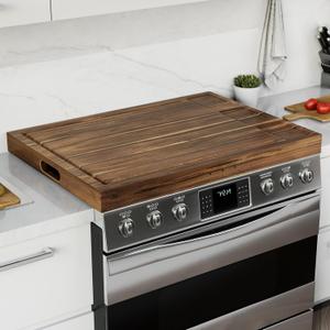 BLUEWEST Noodle Board Stove Cover with Handles, 3 in 1 Wood Stove Top Covers Board for Gas Burners and Electric Stove, Wooden RV Stovetop Cover, Tray for Kitchen Counter Space with Juice Grooves (Walnut)