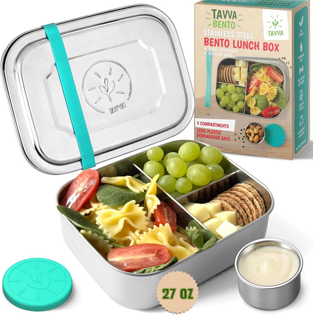 TAVVA Stainless Steel Lunch Box for Kids Ages 6-9 | 2-Piece Set | 27oz Metal Bento Box with 100% Steel Lids | 1.7oz Dip Cup with 100% Leakproof Silicole Lid | BPA-Free | Freezer & Dishwasher Safe