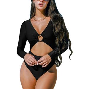 CUPSHE Women's One Piece Swimsuit Rash Guard Long Sleeve Cutout UPF 50+ UV Deep V Neck O-Ring (Medium, Black)