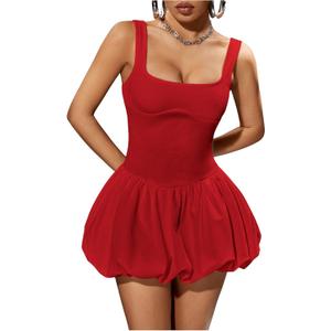 Milumia Women's Square Neck Sleeveless Ruffled Bubble Mini Tank Dress (S, Red)