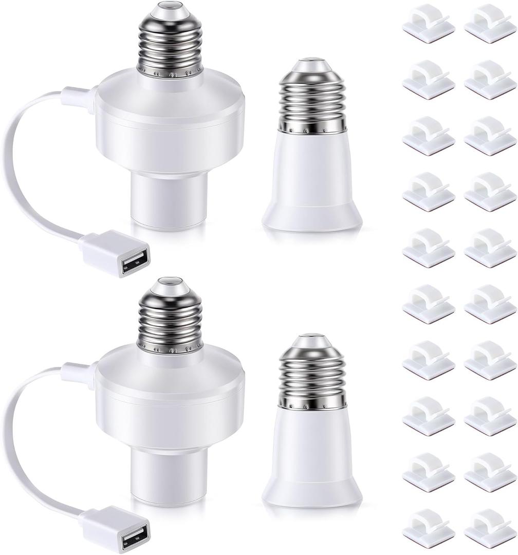 2 Pack E26 Light USB Socket Adapter, Lamp Socket Power Adapter 5V 1.5A, Light Socket Adapter Compatible with Wyze Cameras v3,v4,v3 Pro, USB Light Socket for Smart Camera, Smart Bulb, GPS, LED Strip