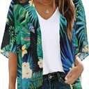 Women's Floral Print Puff Sleeve Kimono Cardigan Loose Cover Up Casual Blouse Tops (Medium, Black Green Tropical)