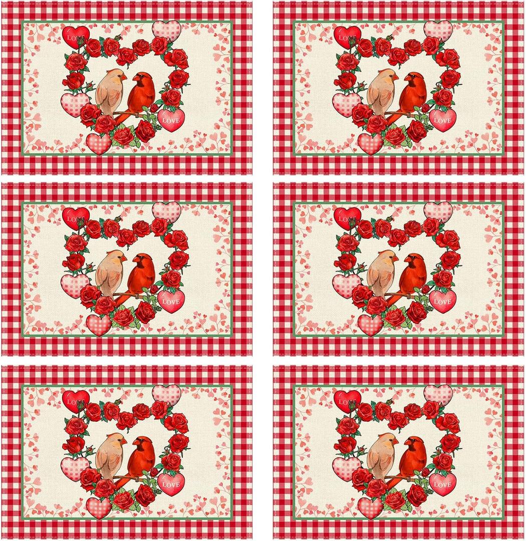 XCHI Plaid Roses Flowers Love Hearts Cardinal Valentine's Day Placemats Set of 6 Table Mats for Party Home Kitchen Dining Table Decorations 12x18 Inch
