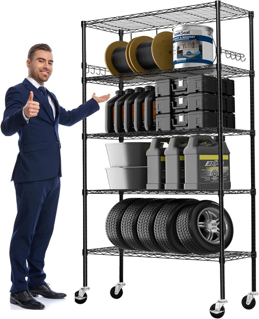 Storage Shelves 75"H Wire Shelving Unit with Wheels 1750LBS Heavy Duty Metal Shelves for Storage Adjustable 5-Tier Garage Storage Rack Kitchen Pantry Shelves Rolling Shelf on Casters, 14"D x36"W x75"H