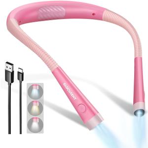 Glocusent Book Light, 3-Color & 6-Brightness Reading Light, Bendable Neck Light, 80-hr Lasting Rechargeable Lamp, Perfect Book Light for Reading in Bed, Knitting, Camping, Repairing, Book Lovers Gifts (Medium, Pink)