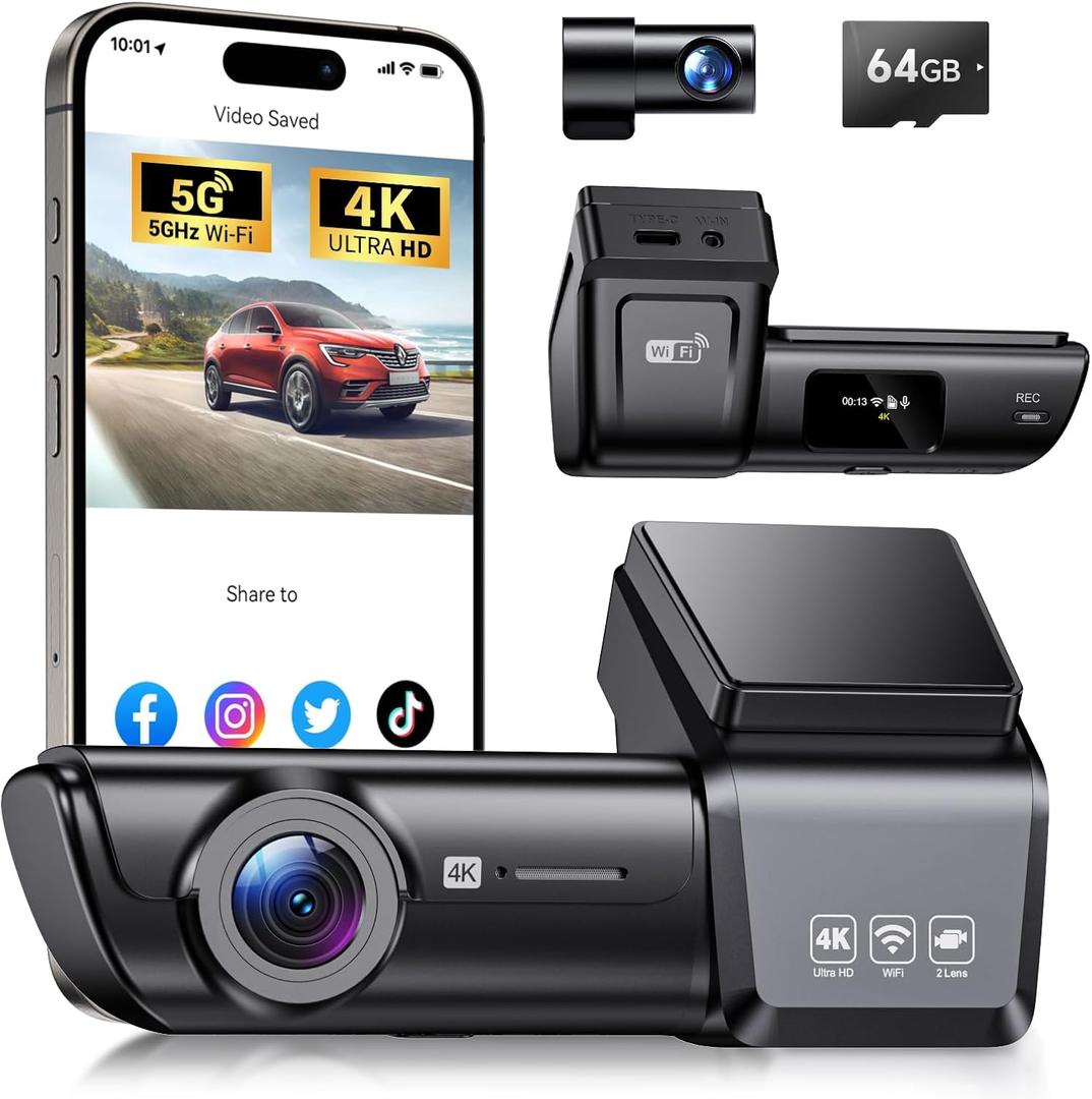 F8 Car Camera Dash Cam Front and Rear, 4K+1080P 170 Wide Angle Dual Dash Camera for Cars with 64GB Card,Wireless 5G WiFi&App Control,WDR/HDR Night Vision, 24H Parking Mode,Loop Recording