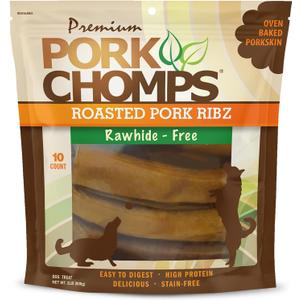 Pork Chomps Roasted Pork Skin Dog Chews, 6 Inch Rib Shapes, 10 Count, Pack of 1 - Long-Lasting Treats for Dogs - High Protein, Rawhide-Free, Low Fat, Healthy & Delicious Chews