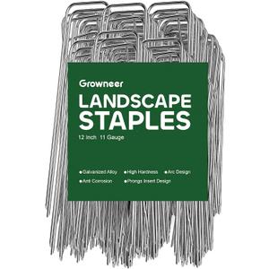 GROWNEER 100 Pack Landscape Staples 12 Inch 11 Gauge Heavy Duty Hot-Dip Galvanized Steel Garden Stakes U-Shaped Weed Barrier Spikes Metal Ground Pins for Lawn and Yard Landscaping
