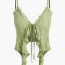 CIDER Going Out Tops for Women Y2K Tie Front Asymmetrical Ruffle Hem Lace Spaghetti Strap Cowgirl Crop Tops, Size L