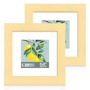 Hongkee 6x6 Picture Frame Set of 2, Made of Real Glass and Gold Wooden Frame - Display Square 4x4 with Mat or 6x6 Without Mat, 6 by 6 Photo for Wall or Tabletop