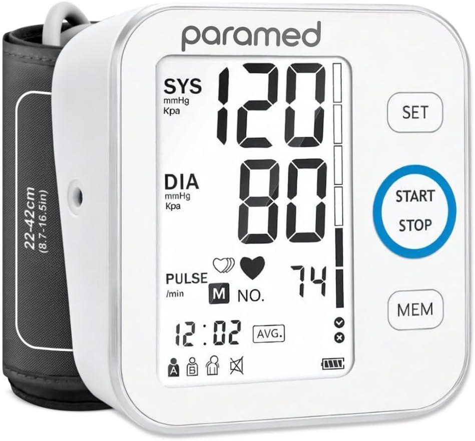 Paramed Blood Pressure Monitor - Bp Machine - Automatic Upper Arm Blood Pressure Cuff 8.7-16.5 inches - Large LCD Display 120 Sets Memory - Device Bag & Batteries Included