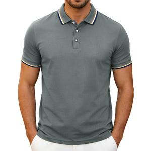 Men's Golf Polo Shirts Short Sleeve Striped Casual Polo Shirts for Men Dry Fit Tennis T-Shirt Tops (Gray, XL)