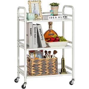 HDANI 3 Tier Rolling Cart Shelves,Heavy Duty Multifunctional Metal Frame-Supports 22 Lbs Per Tier,Rolling Cart with 2 Lockable Wheels for Home, Office,Kitchen,Bathroom,Bedroom,White (Small)