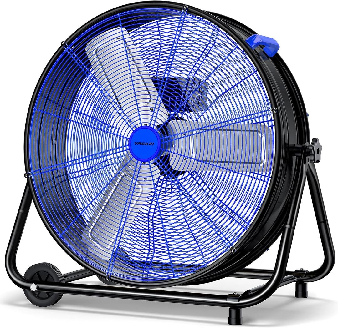 VAGKRI 24 Inch Industrial Drum Fan, 320W High Velocity Floor Fan, 3 Speed Heavy Duty Metal Air Circulator, 360 Tilt with Casters Handle ETL Standard for Patios, Warehouse, Commercial,Basement (Blue)