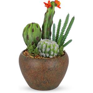 Assorted Artificial Cactus Plants Indoor - 5.9" Small Faux Succulent Cacti Plants in Pots Mini Fake Flowering Cactus Potted with Bowl for Home Office Living Room Bathroom Shelf Table Indoor Decor