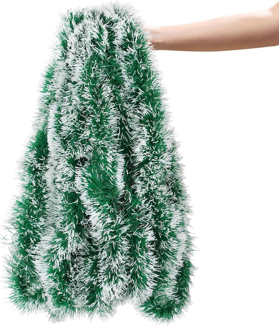 CCINEE Christmas Tinsel Garland, 50 Feet Light Green and White Metallic Twist Tinsel Frosted Garland for Xmas Tree Home Mantle Stair Fireplace Holiday Party Indoor Outdoor Christmas Decoration