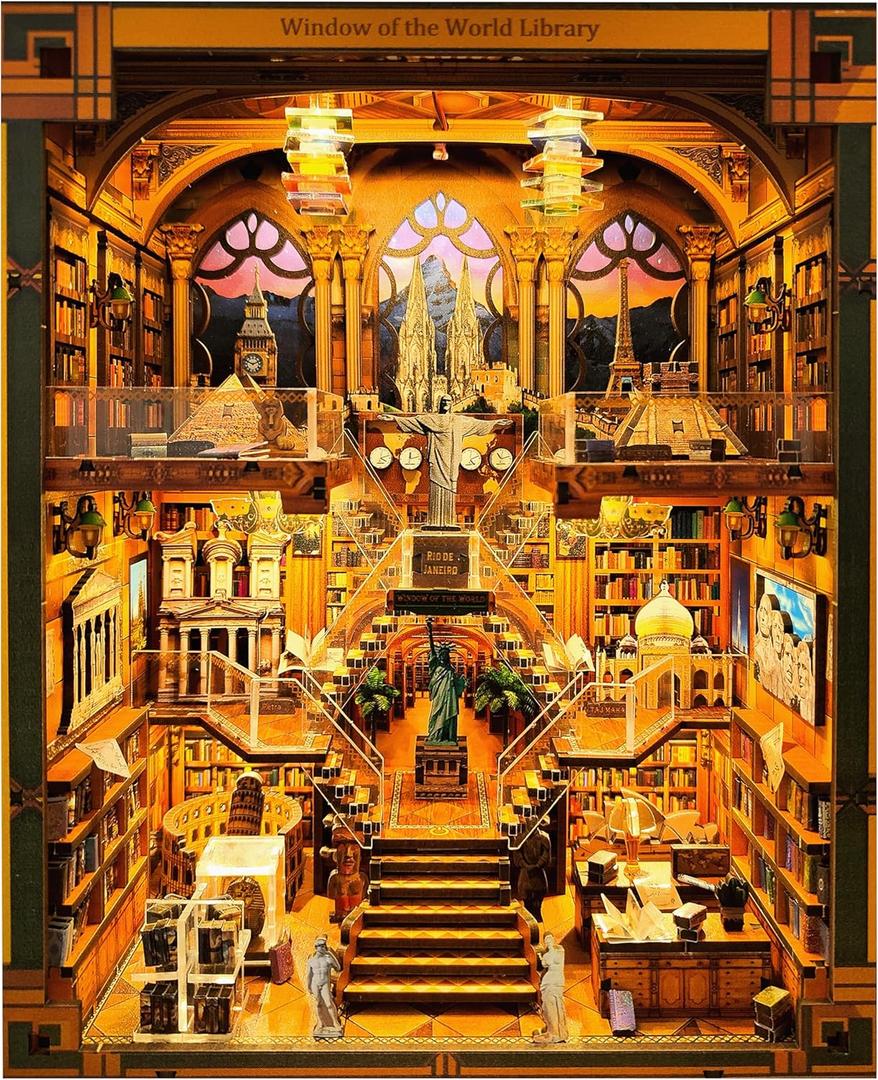 Book Nook Kit - DIY Miniature World Library Booknook - 3D Wooden Puzzle with LED Lights - Creative Bookshelf Insert & Educational Gift for Adults