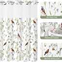 No Hook Sage Green Cute Floral Shower Curtain and Liner Set, Modern Fabric Shower Curtain with Snap in Liner, Watercolor Birds, Butterflies, Snails & Flower Design, 72 x 74
