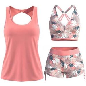 Modlily Classic 3 Piece Tankini Swimsuits for Women, Solid Tank Top & Plants Print Sports Bra with Drawstring Board Shorts, Medium