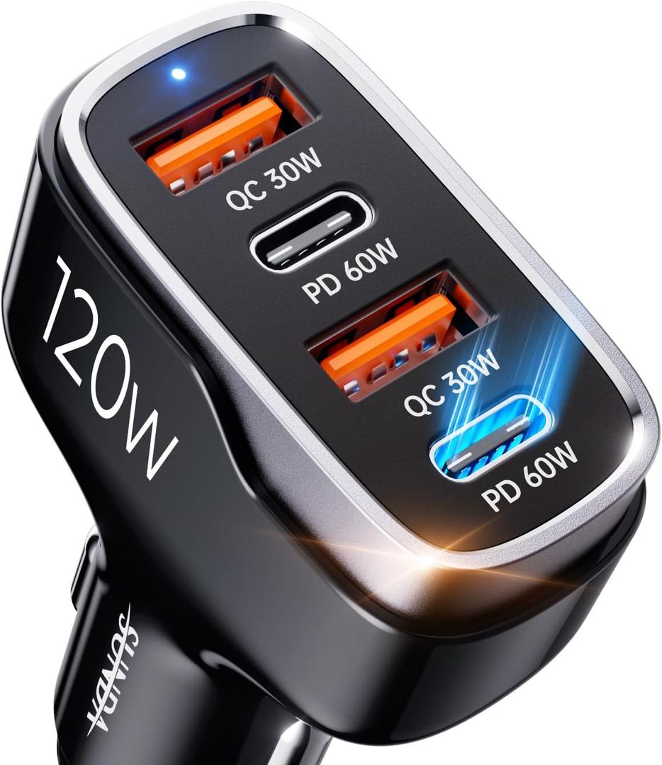 SUNDA 120W USB C Fast Car Charger, 4-Ports Car Charger Adapter, Dual Type C PD60W/PPS60W Compatible with iPhone16/15 Pro/Max/iPhone14/Galaxy/SamsungS24, Dual USB-A 30W QC3.0 for Android(Black) (2A2C-Black 120W 03)