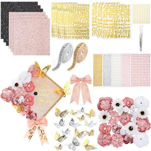Wavwavw 68 Pcs DIY Graduation Cap Decorations Kit, Faux Flowers 3D Butterfly Bow Self Adhesive Rhinestones and Alphabet Letter Stickers for 2026 Grad Cap Topper Decor Graduation Party (Rose Gold)