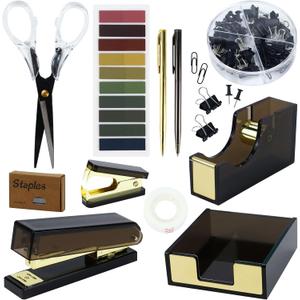 Black Acrylic Desk Accessories Organizer Set of Stapler, Staple Remover, Tape Dispenser, Memo Pad Holder, Scissor, Ballpoint Pen, Binder Clips, Sticky Notes Office Supplies (Acrylic Black)