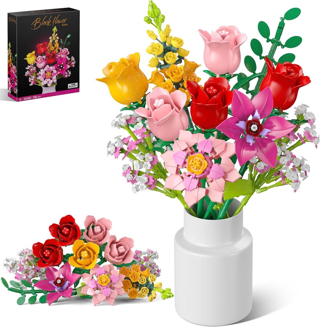 Flower Bouquet Building Blocks Set  765Pcs DIY Floral Arrangement Toy for Home Office Decor, Birthday Anniversary for Women Girls Kids, Flowers Model Kit for Ages 6+