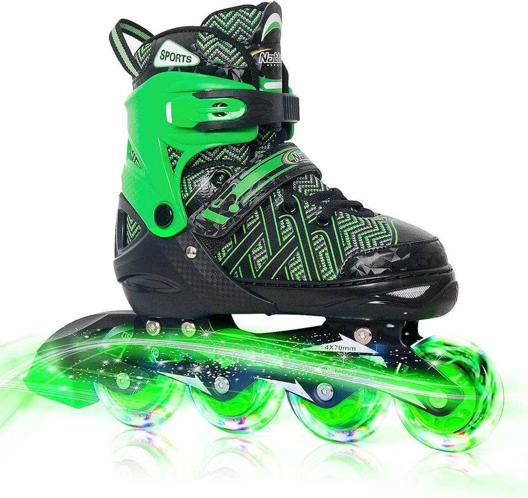 Nattork Adjustable Inline Skates for Kids Boys & Girls, Green with Light up Wheels, Youth Blade Roller Skating for Beginners Ages 3-15 (Green knight-1) Size 5-8