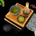 A Unique Matcha Set: 9 pieces set, A Ceremonial Grade Kit For Matcha With 2 Thick Glazed Dark Blue Hand Painted bowls. Bamboo Whisk and Scoop, Strainer, Table Runner, chop stand, dish and bottle.