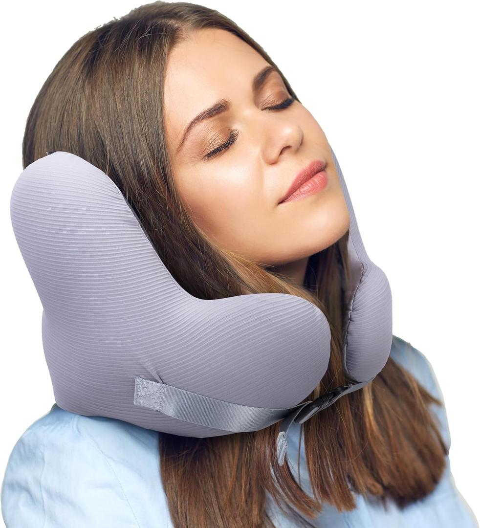 Travel Neck Pillow, Travel Pillow with Noise Reduction Ear Muffs, Memory Foam Neck Pillow Airplane, Neck Brace with Cooling Cover, Adjustable Ergonomic Support for Airplane, Car and More