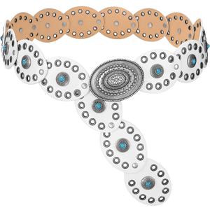 WERFORU Women Western Belts Wide Disc Belt with Turquoise for Dress Cowgirl Country Belt Boho Concho Leather Belt for Concert (White)