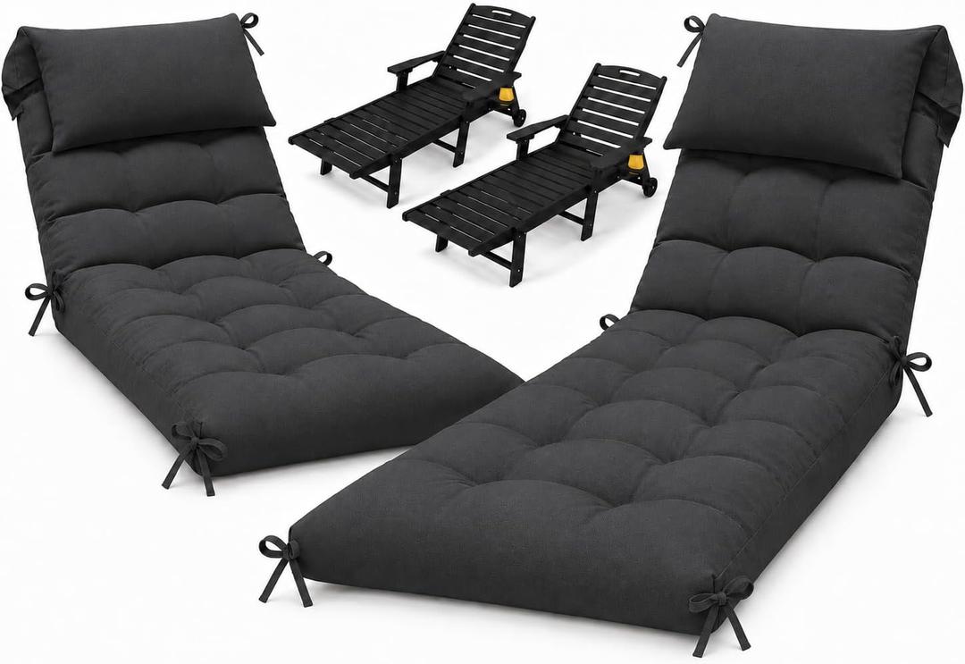 2 Pack 76 x 22 x 4.7" Waterproof Chaise Lounge Chair Cushion Outdoor Black