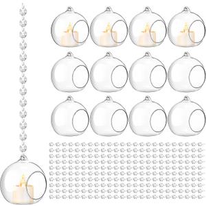 GlikCeil 3.15'' Hanging Glass Tealight Holder Globe and Clear K9 Crystal Garland Strands, Hanging Glass Terrarium Containers for Wedding Party Tree Decoration(34 Pcs)