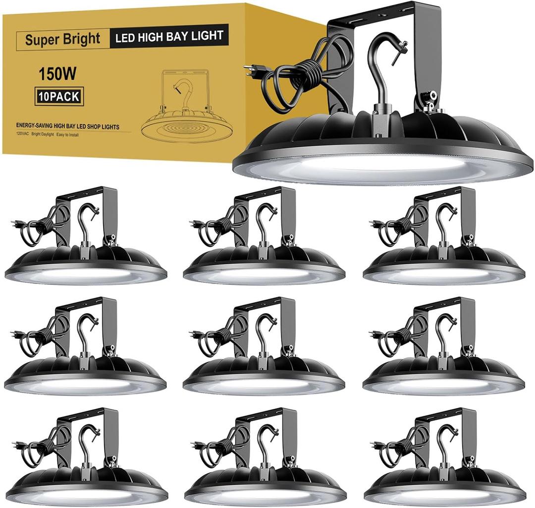 10 Pack UFO LED High Bay Light 150W, 16500Lm 5000K High Bay Shop Lights UL Listed with US Hook and U Bracket Mounting, Waterproof Commercial Plug & Play Lighting for Warehouse Factory Barn Shop Garage