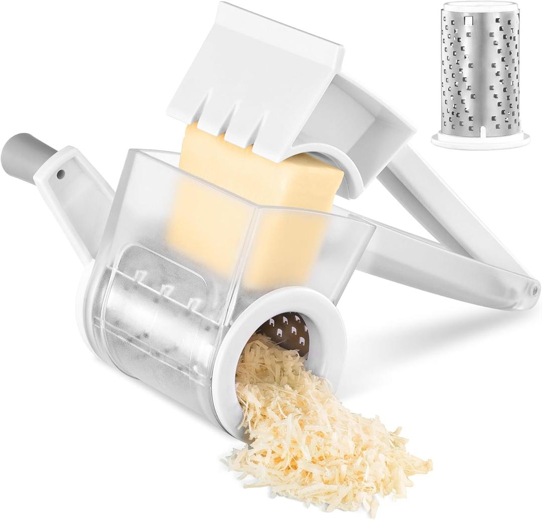 Cheese Grater with Handle, Parmesan Rotary Grater for Kitchen, Dishwasher Safe Cheese Grater Hand Crank with Stainless Steel Blade for Grating and Shredding Hard Cheese, Nuts, Chocolate, White