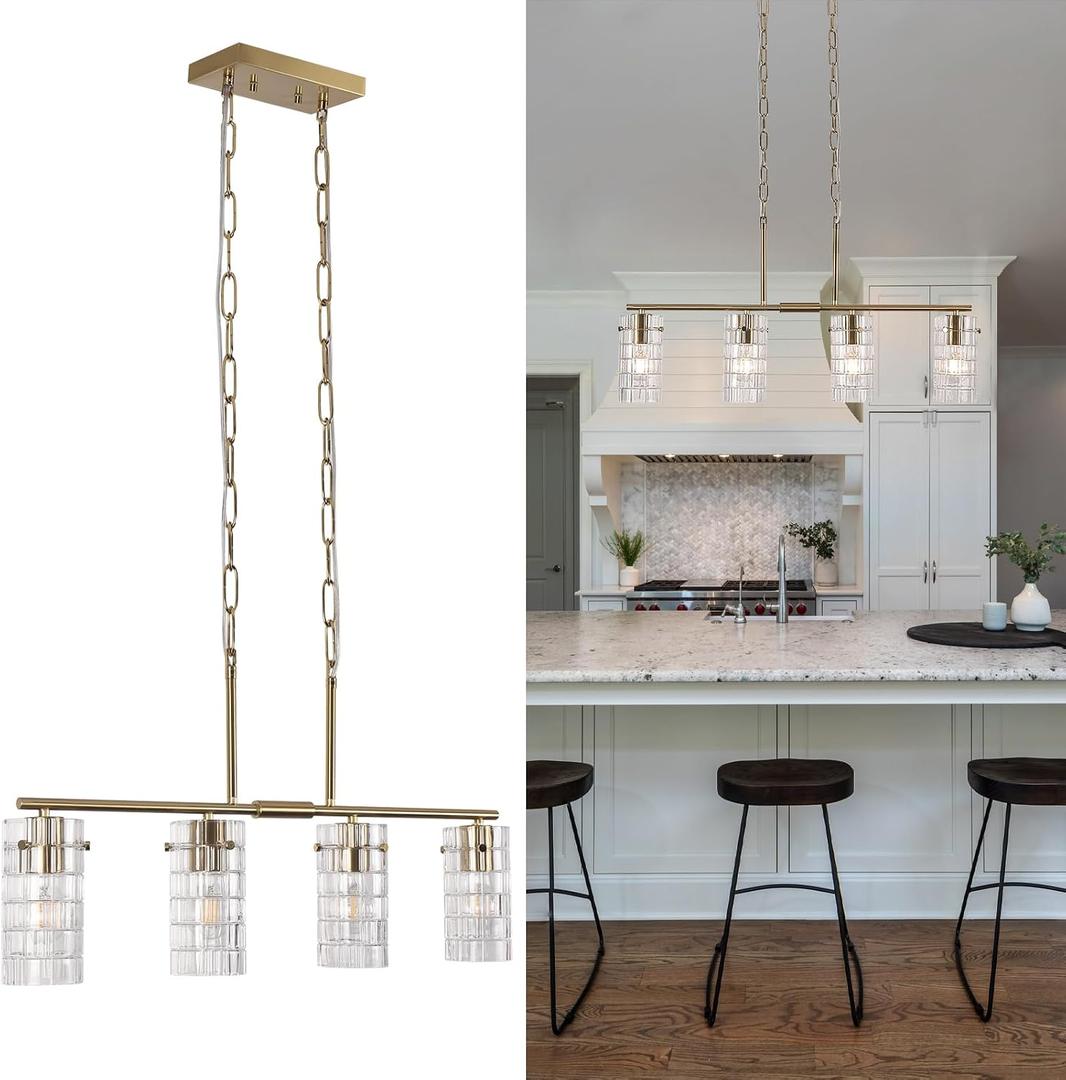4 Lights Gold Chandelier Glass Long Pendant Light Fixtures, 21.3
