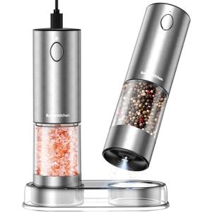 Bonsenkitchen Electric Salt and Pepper Grinder Set, USB-C Rechargeable Stainless Steel Adjustable Coarseness Pepper Mill with LED Light, 95ml Large Capacity, Clean Brush for Kitchen, BBQ & Camping