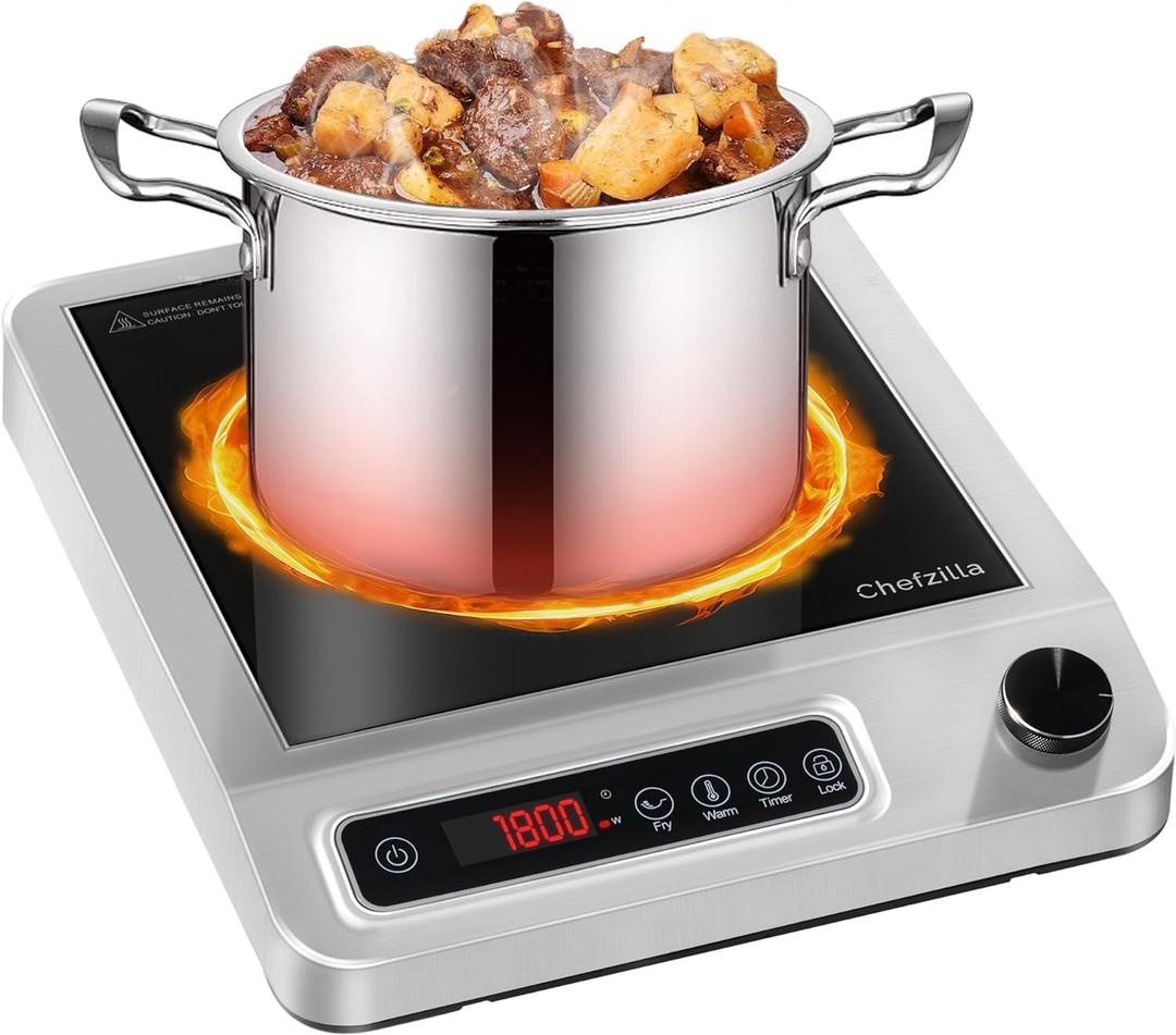 Induction Cooktop, 1800W Commercial Electric Burner with Stainless Steel Shell, Induction Burner with 18 Power Settings, 24-Hour Timer, LED Display