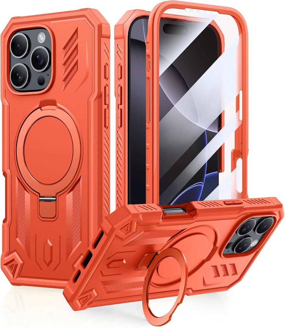 FNTCASE for iPhone 16 Pro-Max Case: Magnetic Ring Stand Holder Phone Cover | Compatible with Magsafe | Military Grade Shockproof Phone Shell with Kickstand | Heavy Duty Hard Cases Orange