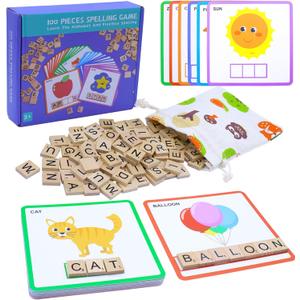 Humerry Spelling Games with 30 Double-Sided Flash Cards, 100Pcs Wooden Letters Sight Words Matching Game, Alphabet ABC Learning Educational Toys for Kids Ages 4-8