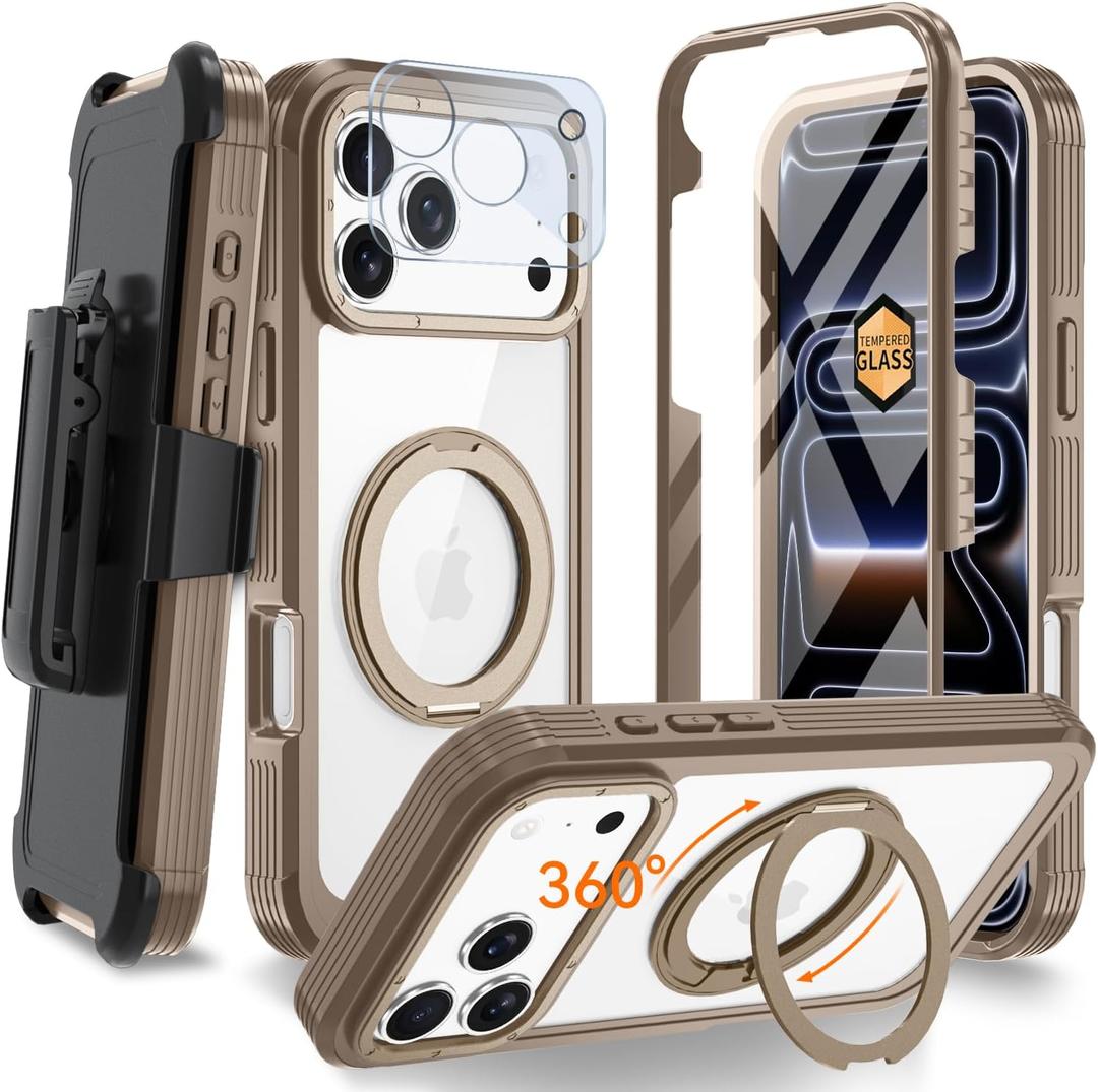 Magnetic for iPhone 17 Pro Max 6.9" Case, Compatible with MagSafe, Full Body Rugged Case with Built-in Screen Protector & Kickstand & Belt-Clip (Gold)
