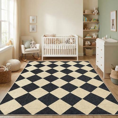 GarveeHome 5x7 Modern Checkered Area Rug, Geometric Farmhouse Washable Rugs for Living Room Bedroom, Soft Low Pile Non Slip Diamond Floor Mat Plaid Print Throw Rug Indoor Carpet Dining Room Playroom