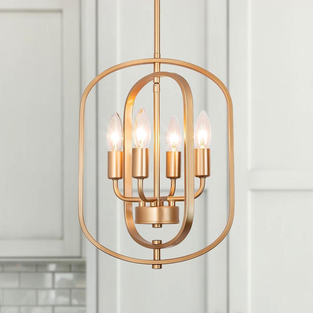 JHLBYL Gold Chandelier Light Fixture, 4-Light Modern Farmhouse Chandeliers for Dining Room Lighting Fixture Industrial Ceiling Pendant for Kitchen Island Living Room Bedroom Entryway