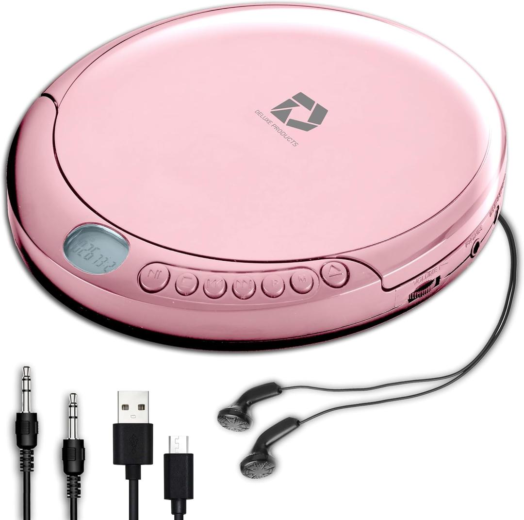 Deluxe Products CD Player Portable with 60 Second Anti Skip, Stereo Earbuds, Includes Aux in Cable and AC USB Power Cable for use at Home or in Car, Pink